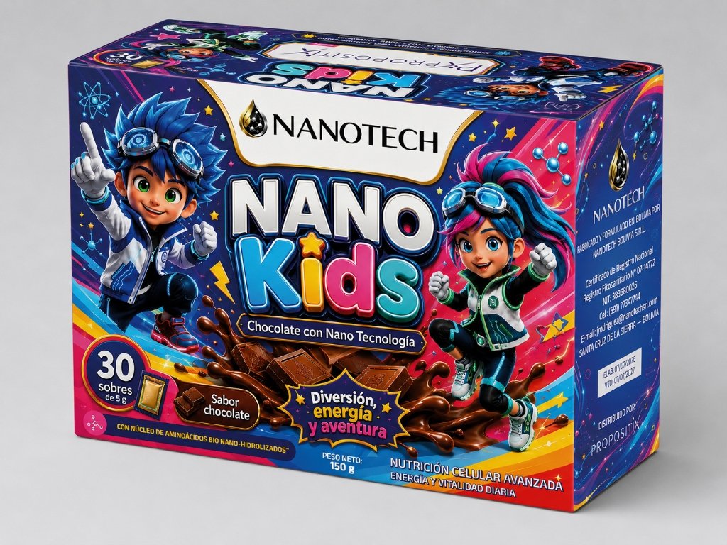 Caja de NANO KIDS chocolate con nano tecnología sobre un pedestal